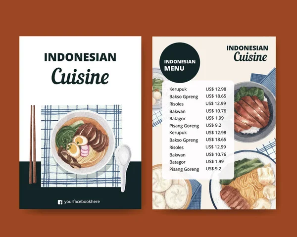 Menu Template Indonesian Cruisine Concept Watercolor Styl — Vetor de Stock