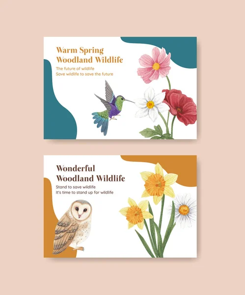Facebook Template Spring Woodland Wildlife Concept Watercolor Styl — Stock vektor