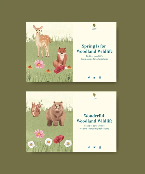 Facebook Template Spring Woodland Wildlife Concept Watercolor Styl — Stock vektor