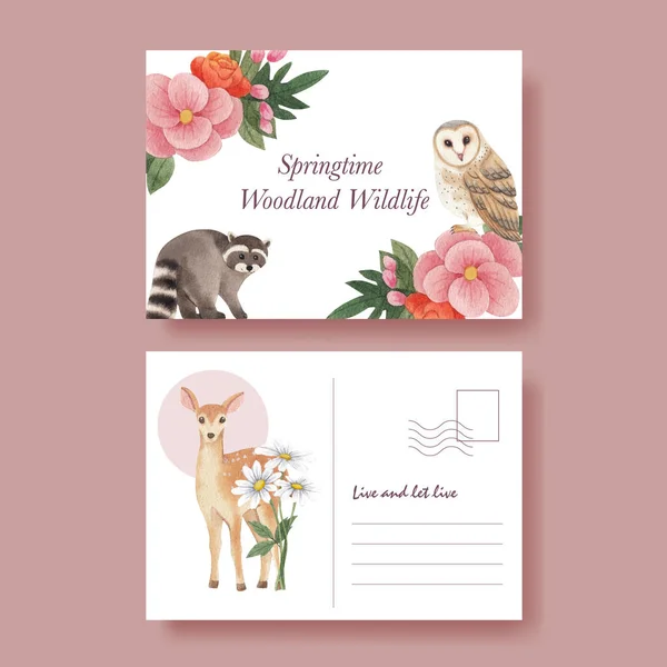 Postcard Template Spring Woodland Wildlife Concept Watercolor Styl — Stock vektor