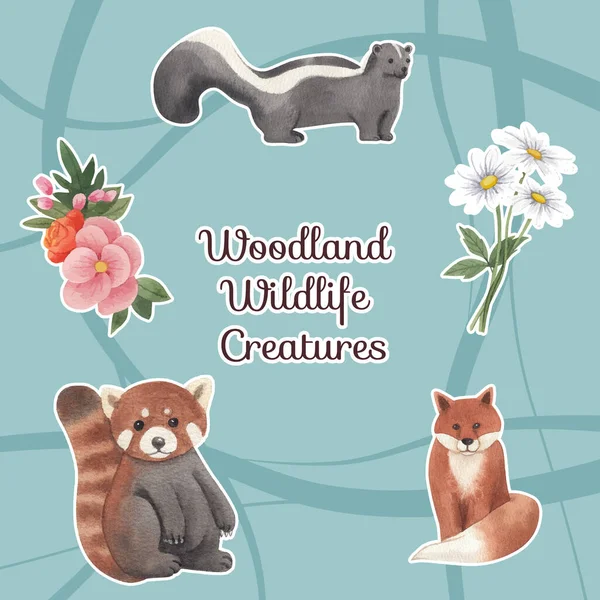 Sticker Template Spring Woodland Wildlife Concept Watercolor Styl — Stock vektor