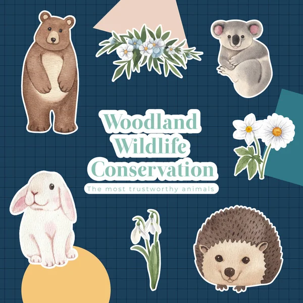 Sticker Template Spring Woodland Wildlife Concept Watercolor Styl — Stockvektor