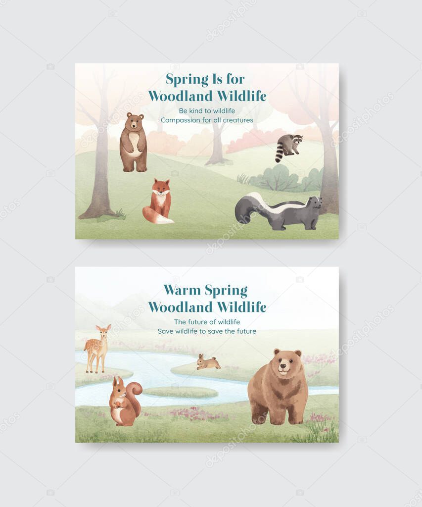 Facebook template with spring woodland wildlife concept,watercolor styl