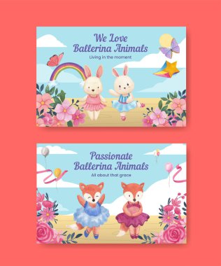 Facebook template with Fairy ballerinas animals concept,watercolor styl