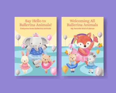 Greeting card template with Fairy ballerinas animals concept,watercolor styl