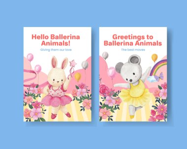 Greeting card template with Fairy ballerinas animals concept,watercolor styl