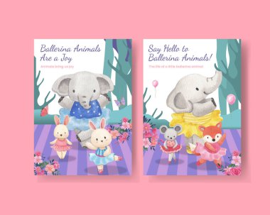Greeting card template with Fairy ballerinas animals concept,watercolor styl