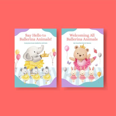Greeting card template with Fairy ballerinas animals concept,watercolor styl