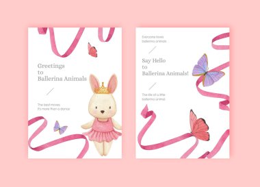 Greeting card template with Fairy ballerinas animals concept,watercolor styl