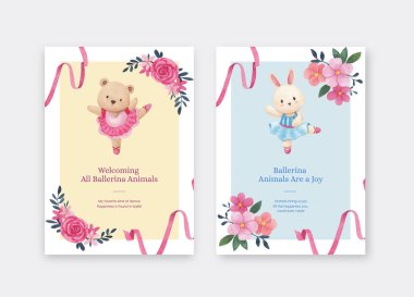 Greeting card template with Fairy ballerinas animals concept,watercolor styl