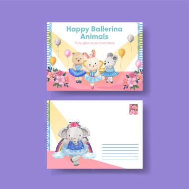 Postcard template with Fairy ballerinas animals concept,watercolor styl