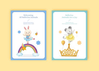 Greeting card template with Fairy ballerinas animals concept,watercolor styl