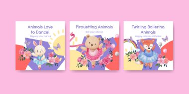 Banner template with Fairy ballerinas animals concept,watercolor styl