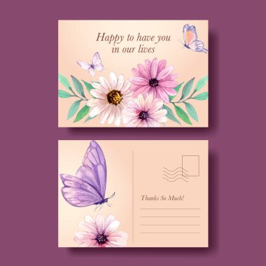 Postcard template with peri spring flower concept,watercolor styl