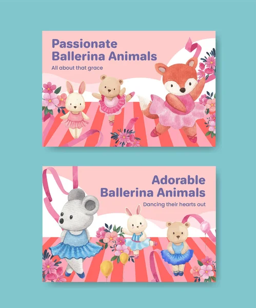 Plantilla Facebook Con Concepto Animales Fairy Ballerinas Estilo Acuarela — Vector de stock