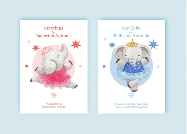 Greeting Card Template Fairy Ballerinas Animals Concept Watercolor Styl — Stock vektor