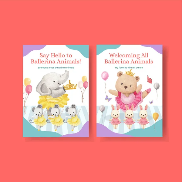 Greeting Card Template Fairy Ballerinas Animals Concept Watercolor Styl — Archivo Imágenes Vectoriales