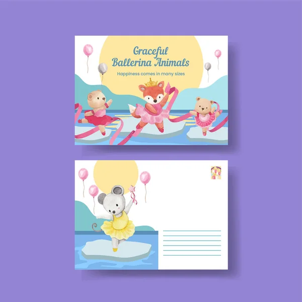 Postcard Template Fairy Ballerinas Animals Concept Watercolor Styl — Stockvector
