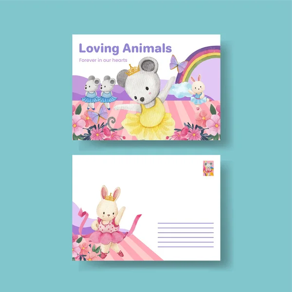 Postcard Template Fairy Ballerinas Animals Concept Watercolor Styl —  Vetores de Stock