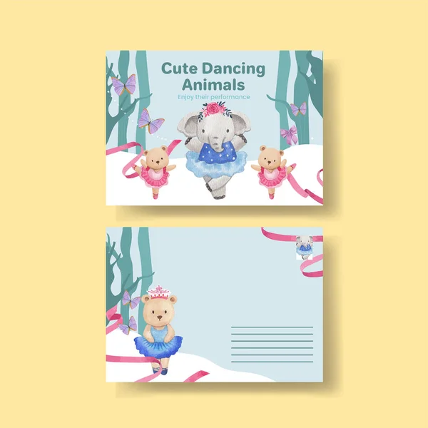 Postcard Template Fairy Ballerinas Animals Concept Watercolor Styl — Vetor de Stock
