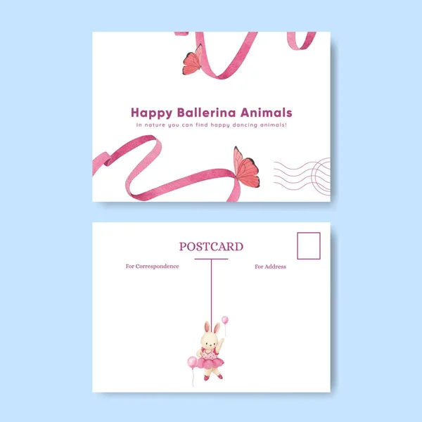 Postcard Template Fairy Μπαλαρίνες Animals Concept Υδατογραφία — Διανυσματικό Αρχείο
