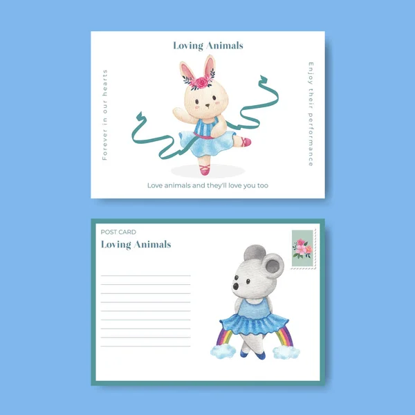 Postcard Template Fairy Ballerinas Animals Concept Watercolor Styl — Stock vektor