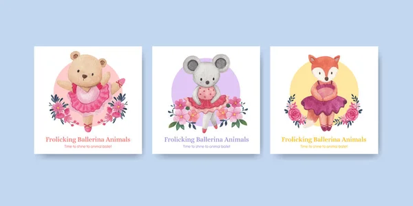 Banner Template Fairy Ballerinas Animals Concept Watercolor Styl — Stock Vector