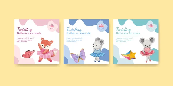Banner Template Fairy Ballerinas Animals Concept Watercolor Styl — Stock vektor