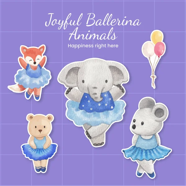 Sticker Template Fairy Ballerinas Animals Concept Watercolor Styl — Stock vektor