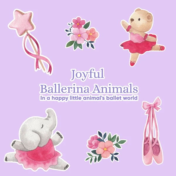 Sticker Template Fairy Ballerinas Animals Concept Watercolor Styl — Vettoriale Stock