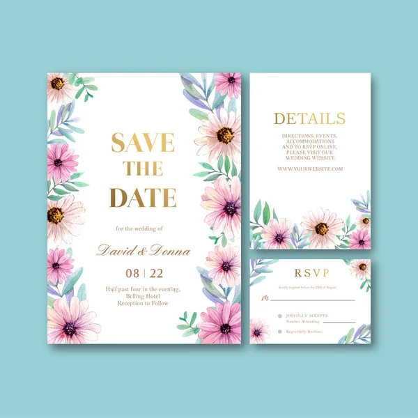 Wedding Card Template Peri Spring Flower Concept Watercolor Styl —  Vetores de Stock