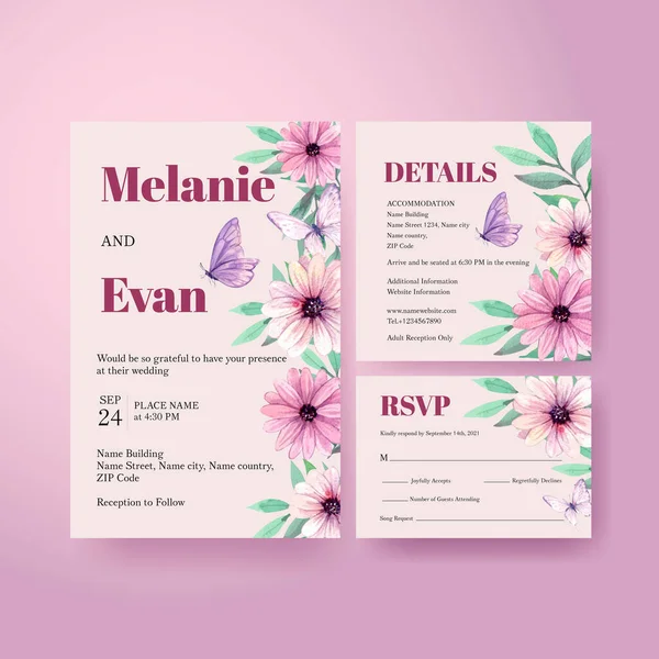 Wedding Card Template Peri Spring Flower Concept Watercolor Styl — Stockvektor