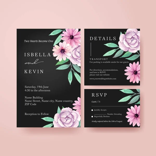 Wedding Card Template Peri Spring Flower Concept Watercolor Styl — Vetor de Stock