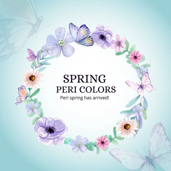 Wreath Template Peri Spring Flower Concept Watercolor Styl — Stock Vector