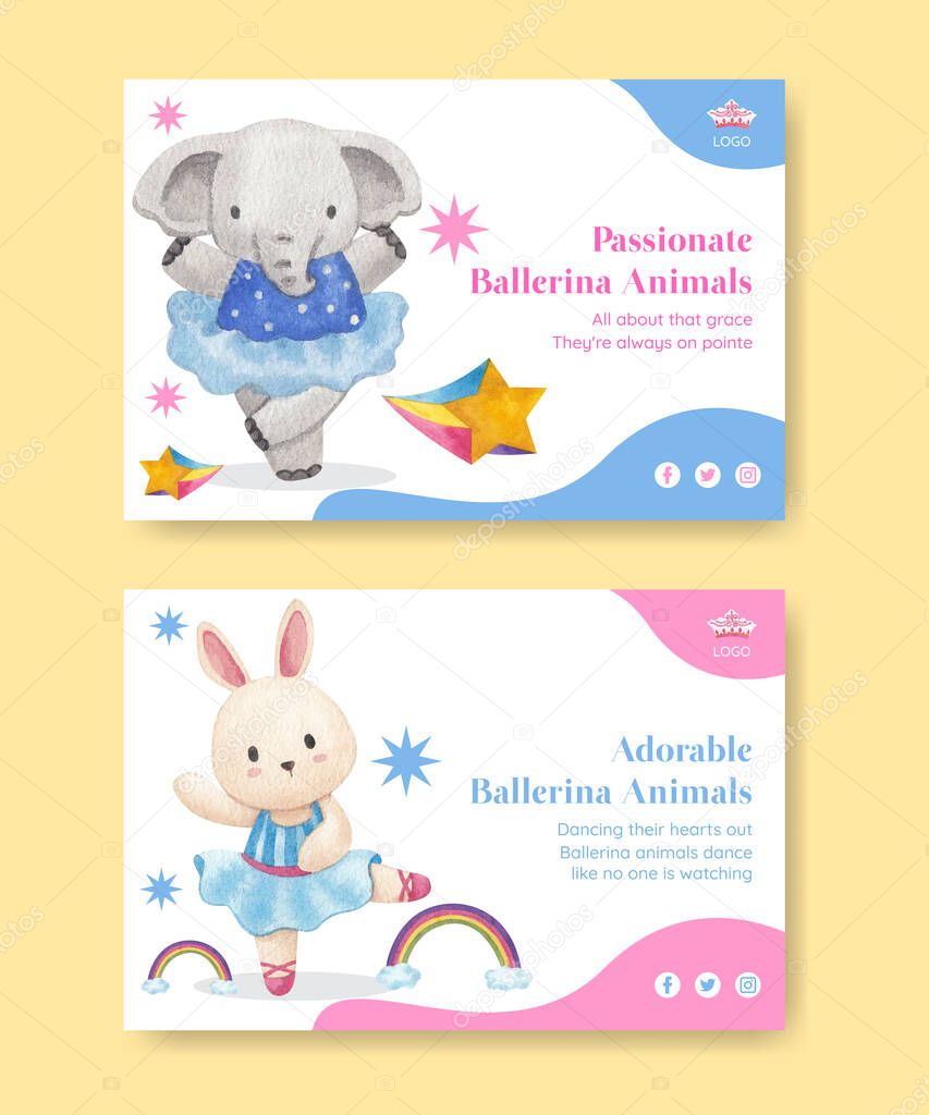 Facebook template with Fairy ballerinas animals concept,watercolor styl