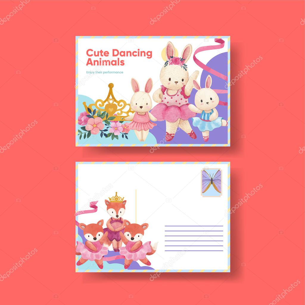 Postcard template with Fairy ballerinas animals concept,watercolor styl