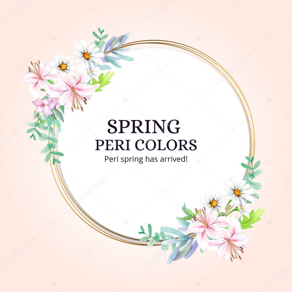 Wreath template with peri spring flower concept,watercolor styl