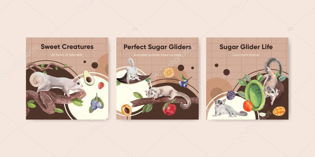 Banner template with adorble sugar gliders concept,watercolor styl