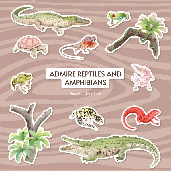 Sticker template with reptiles and amphibians animal concept,watercolor styl