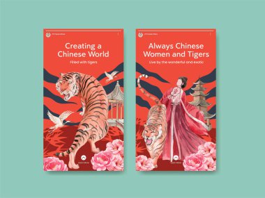 Instagram şablonu Çinli kadın ve kaplan konsepti, suluboya stili