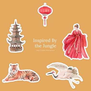 Çinli kadın ve kaplan konseptinin olduğu çıkartma şablonu, suluboya tarzı