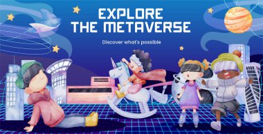 Billboard şablonu metaverse teknoloji konsepti, suluboya tarzı