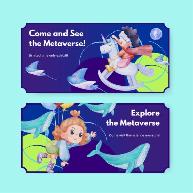 Bilet şablonu metaverse teknoloji konsepti, suluboya tarzı