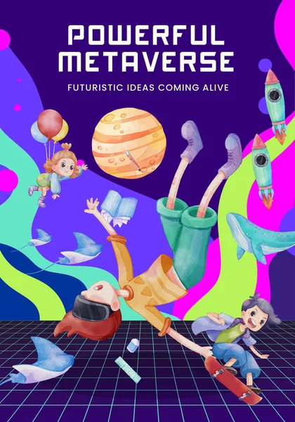 Poster Template Met Metaverse Technologie Concept Aquarel Stijl — Stockvector