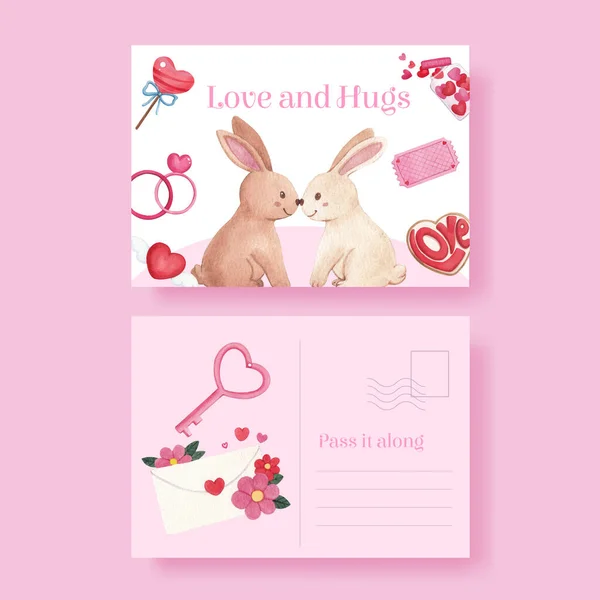 Postkartenvorlage Mit Großer Liebe Umarmung Valentinstag Konzept Aquarell Styl — Stockvektor