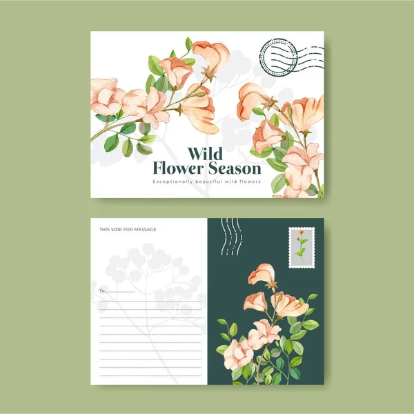 Postkartenschablone Mit Wildblumen Konzept Aquarell Styling — Stockvektor