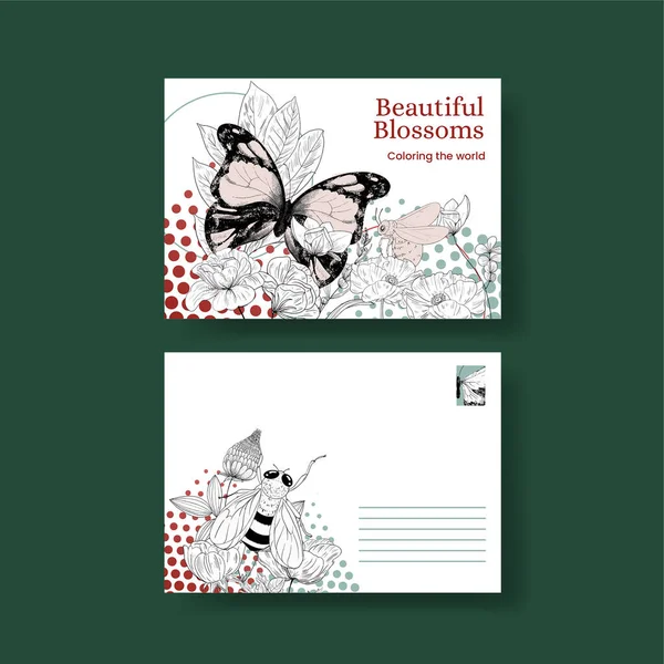 春の野生の花のコンセプトとポストカードテンプレート ラインアートスタイル — ストックベクタ