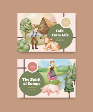 Facebook şablonu Avrupa halk çiftliği yaşam konsepti, suluboya stil