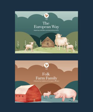 Facebook şablonu Avrupa halk çiftliği yaşam konsepti, suluboya stil