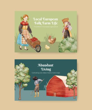 Facebook şablonu Avrupa halk çiftliği yaşam konsepti, suluboya stil